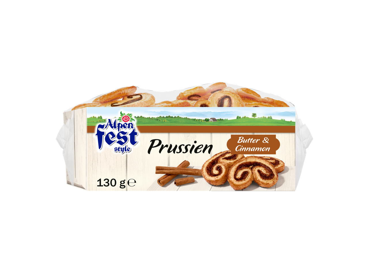 Verpakking Alpenfest Prussien bladerdeegkoekjes met boter en kaneel, 130 g.