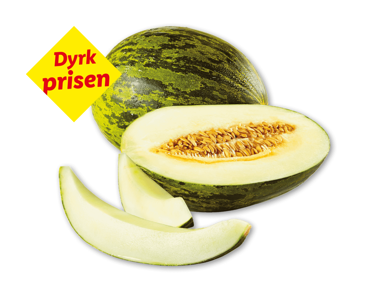 Hel og skåret Piel de Sapo-melon med teksten 'Dyrk prisen' på en gul etiket.