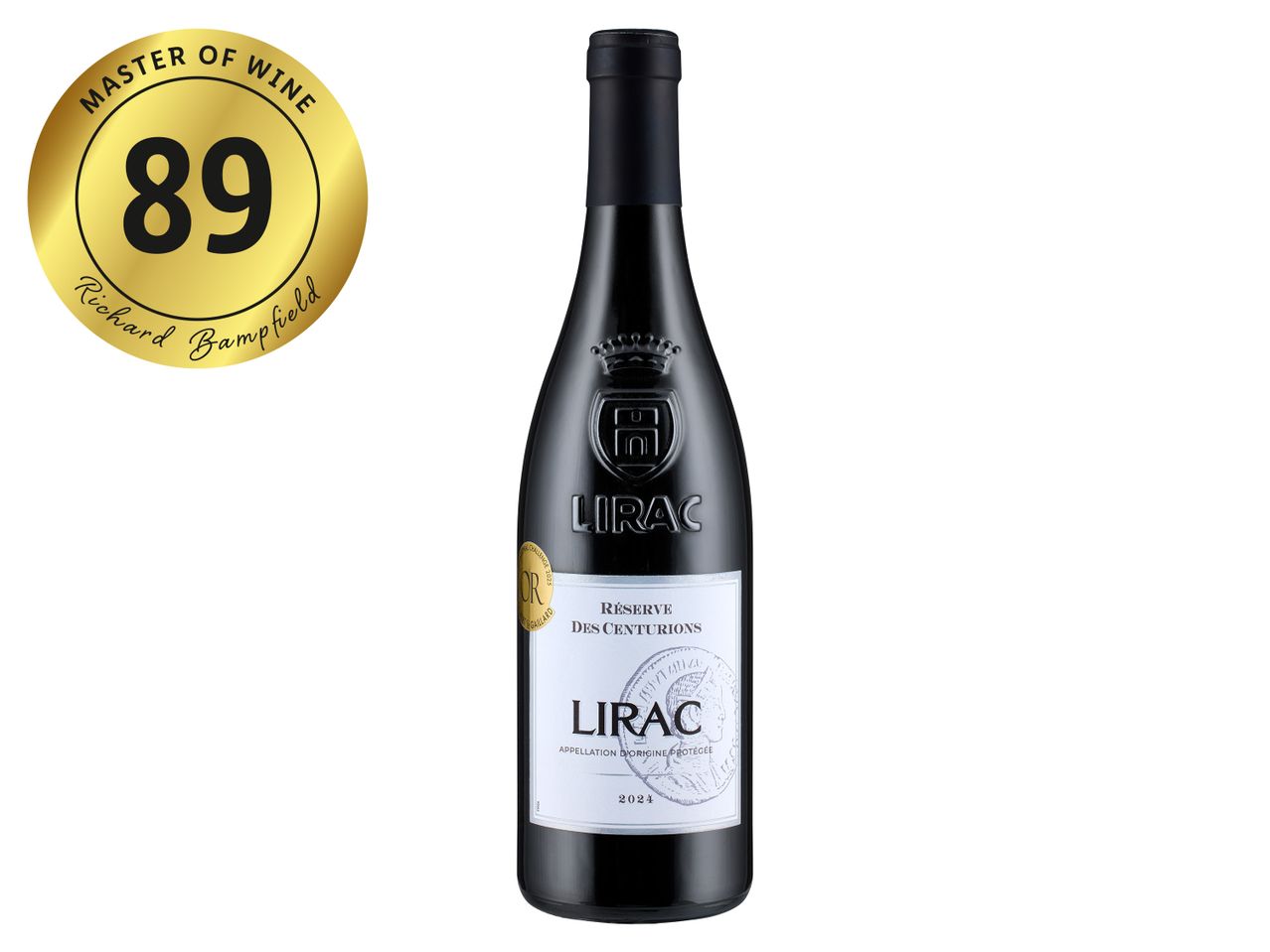 Lirac Réserve des Centurions red wine bottle with a gold Master of Wine 89-point rating.
