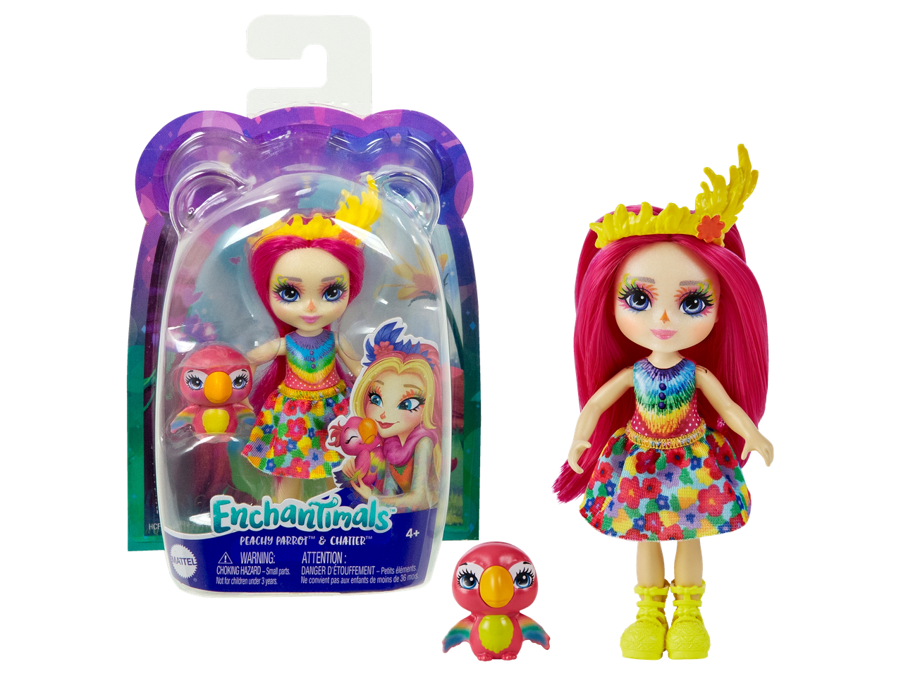 Păpușă Enchantimals Peachy Parrot cu animalul ei de companie, ambalată într-o cutie colorată.