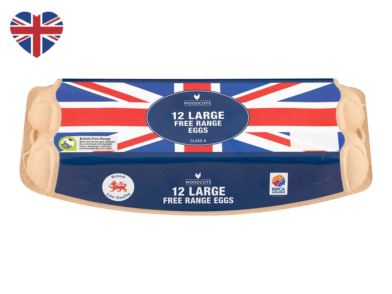 12 large Woodcote free range eggs, RSPCA Assured.