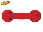 Nerf Dog dumbbell toy in red with soccer ball-shaped ends.