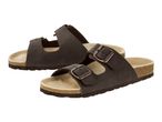 Pair of dark brown two-strap sandals with cork footbeds and bronze buckles.