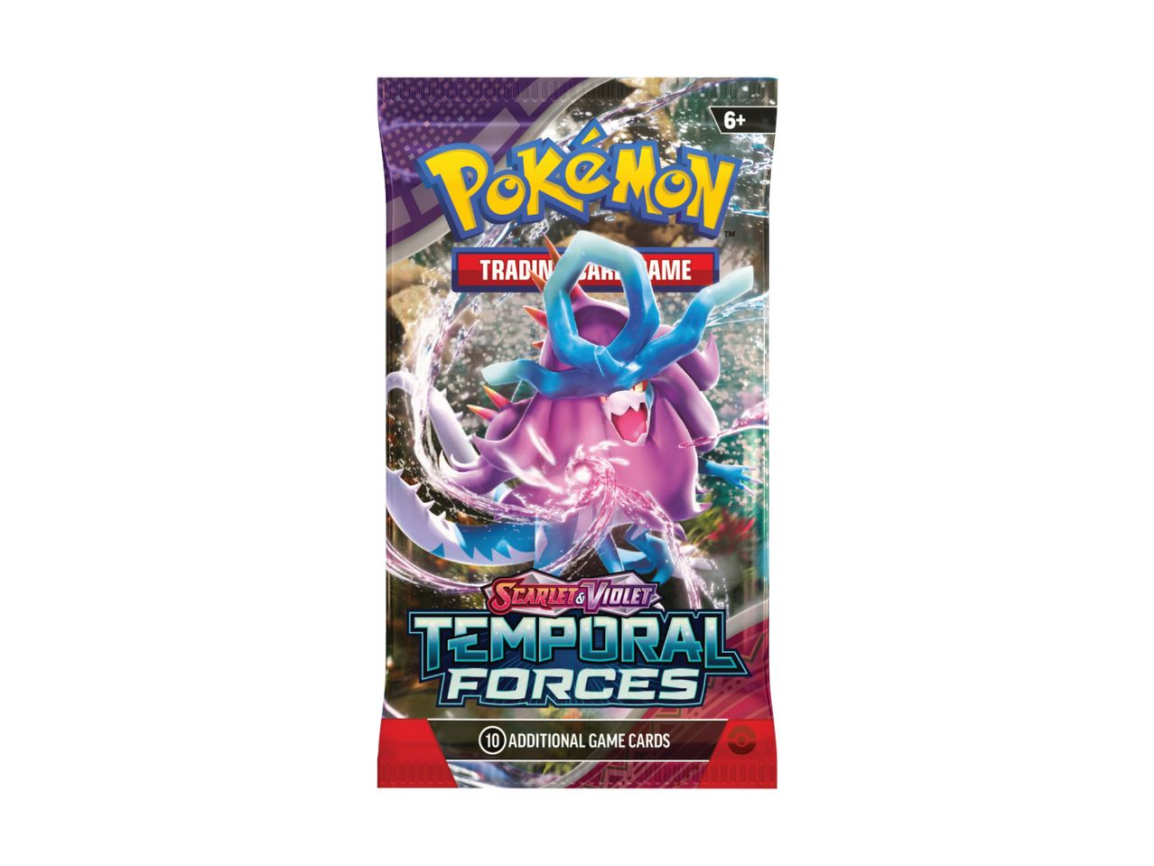 Pokémon-kortspil boosterpakke med 10 kort fra Scarlet & Violet Temporal Forces-serien.