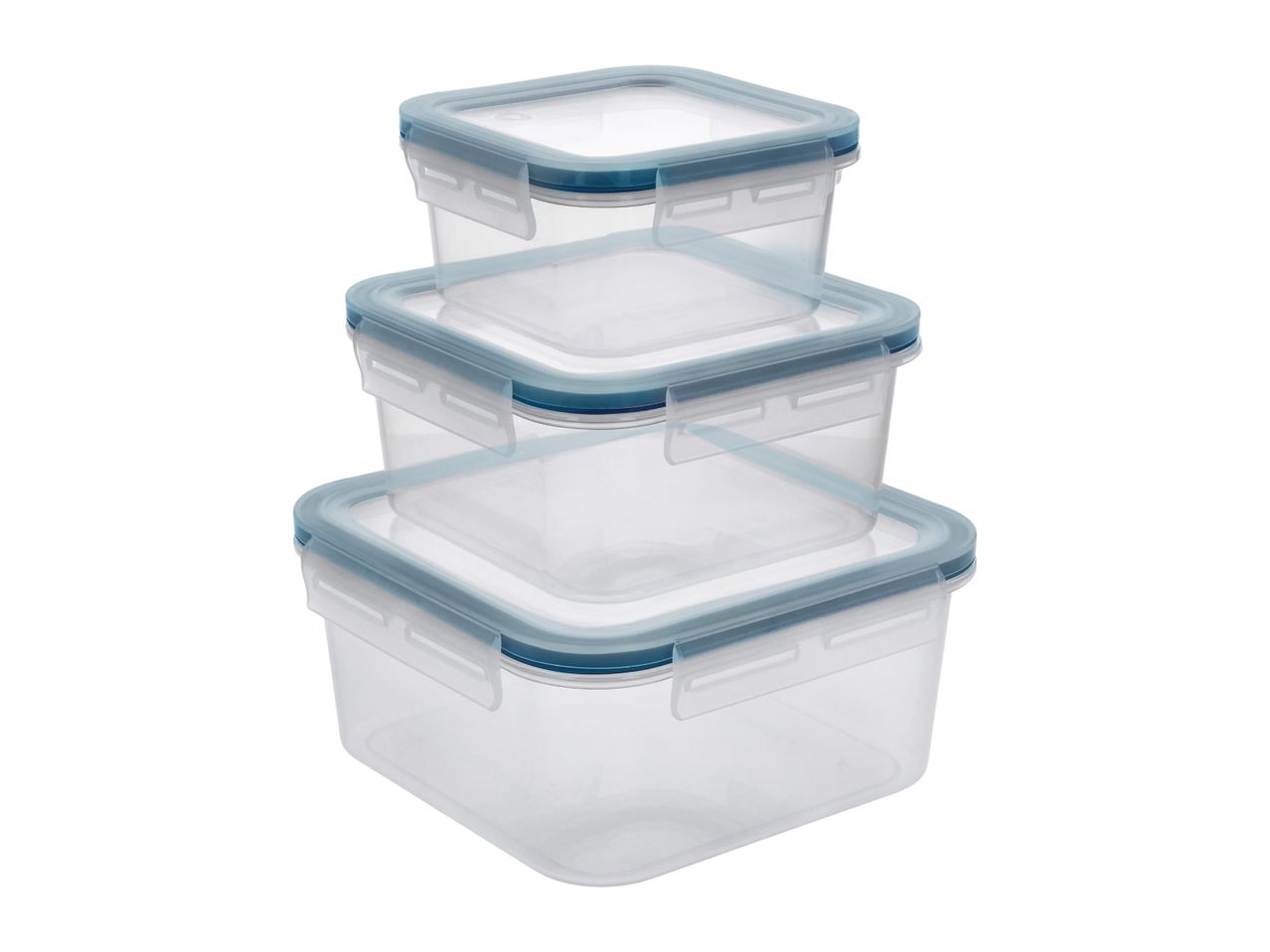 Three clear square food storage containers with blue-grey lids, stacked from largest to smallest.