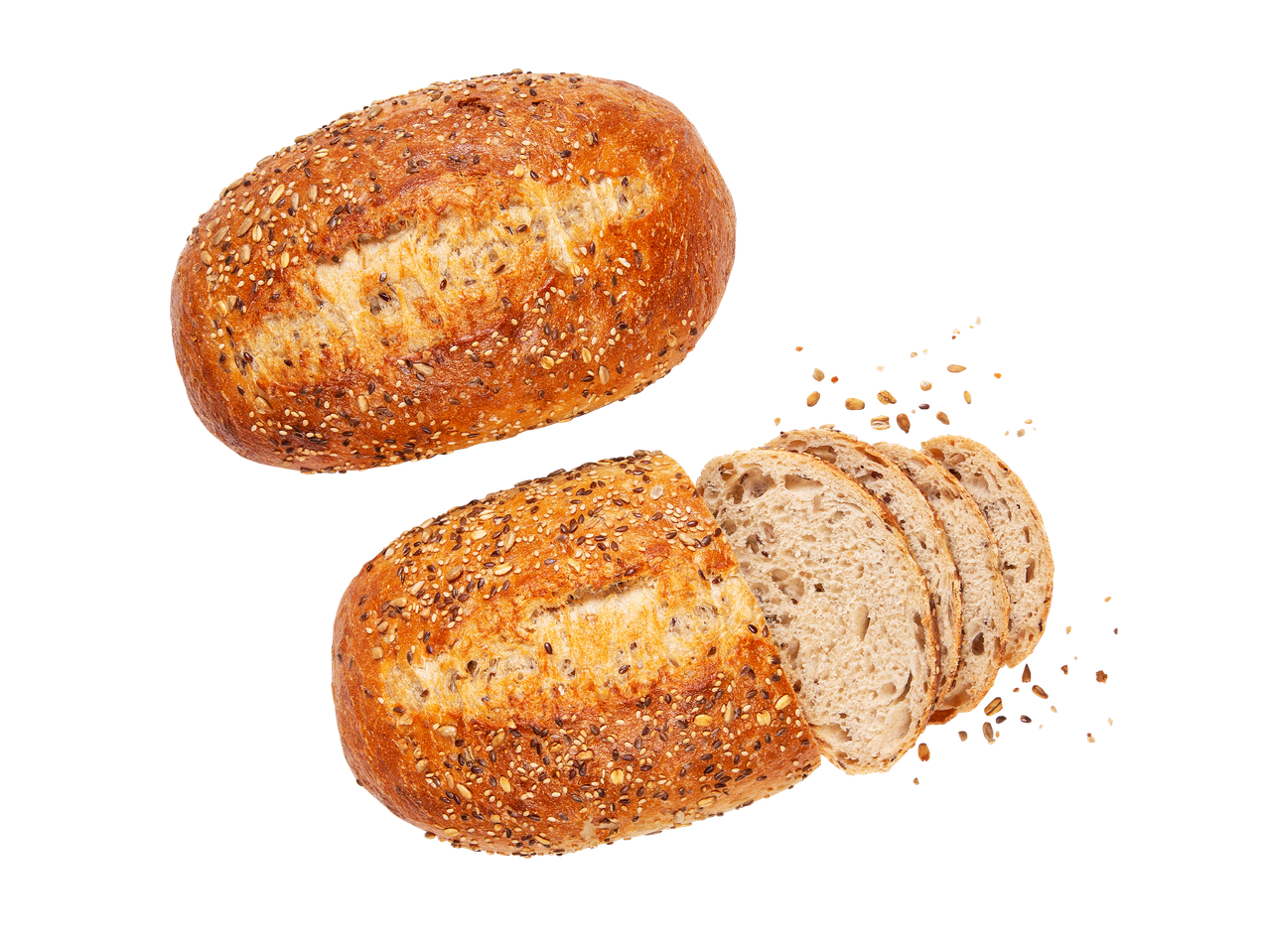 Kaksi siemenillä päällystettyä leipää, joista toinen on viipaloitu, mustalla taustalla.