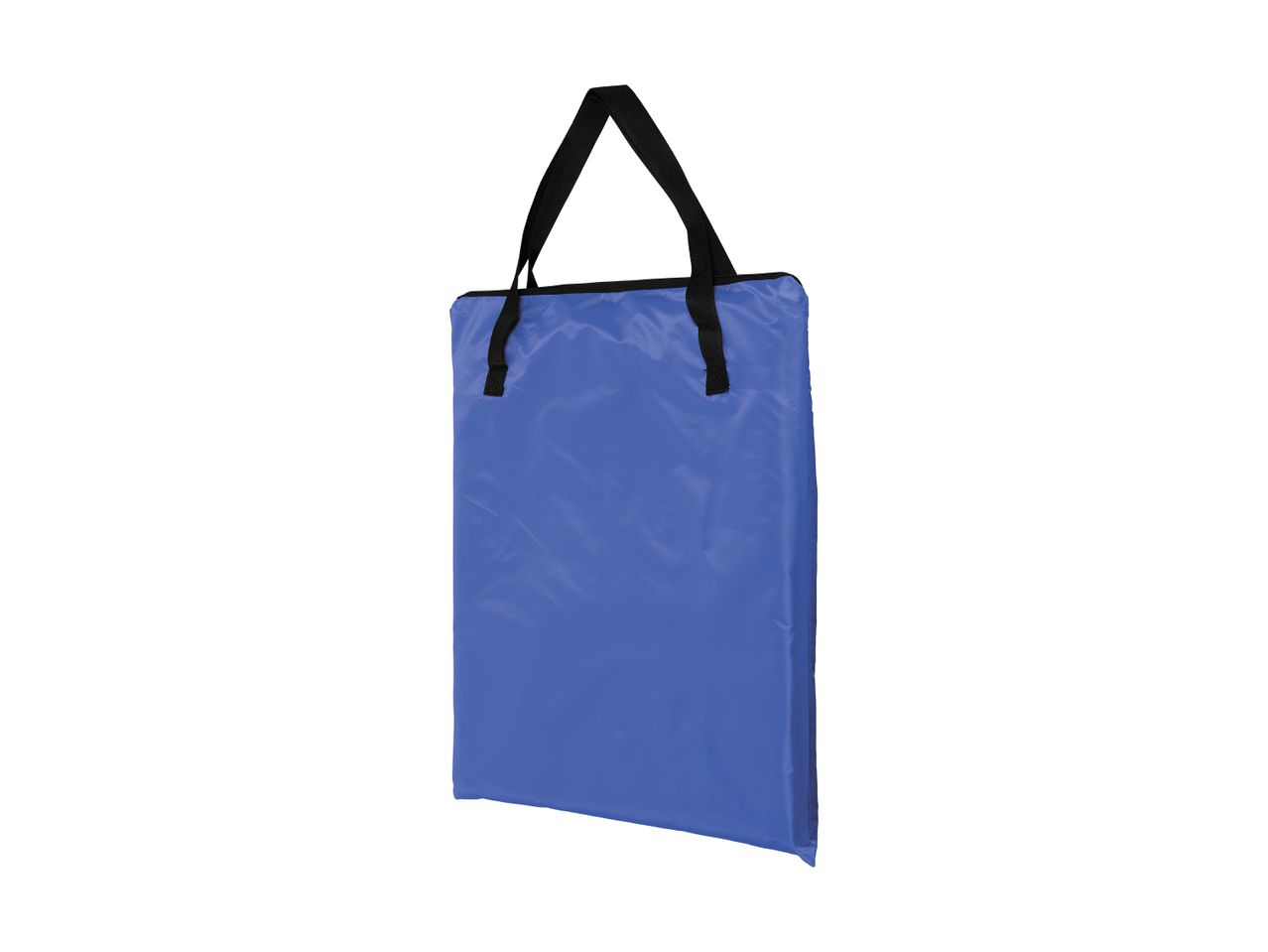 Blue foldable stadium seat cushion with black carrying straps