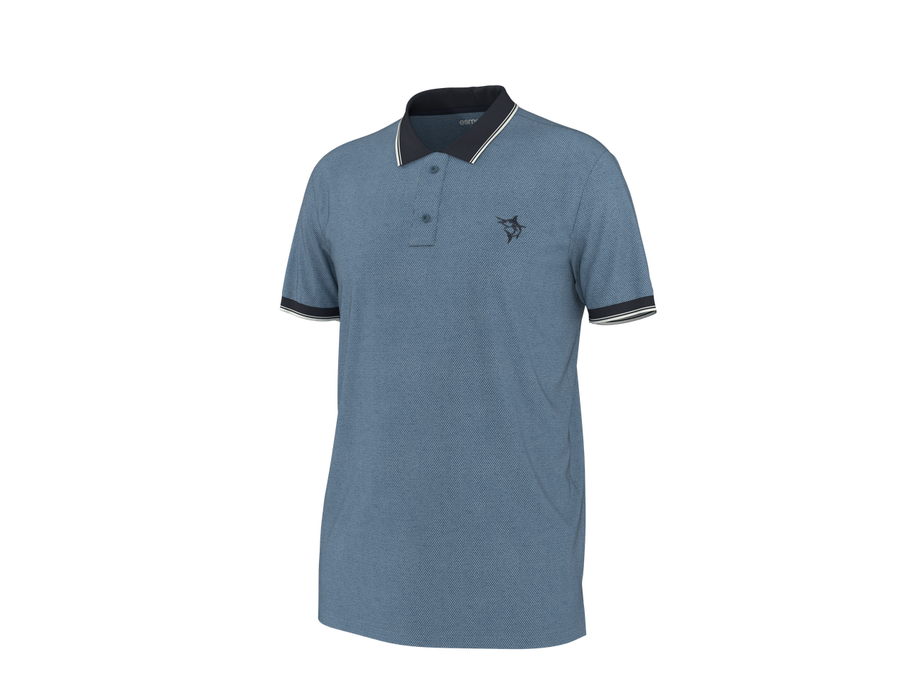 Zils polo krekls ar tumšu apkakli un piedurkņu aprocēm ar baltām svītrām, ar haizivs logotipu.