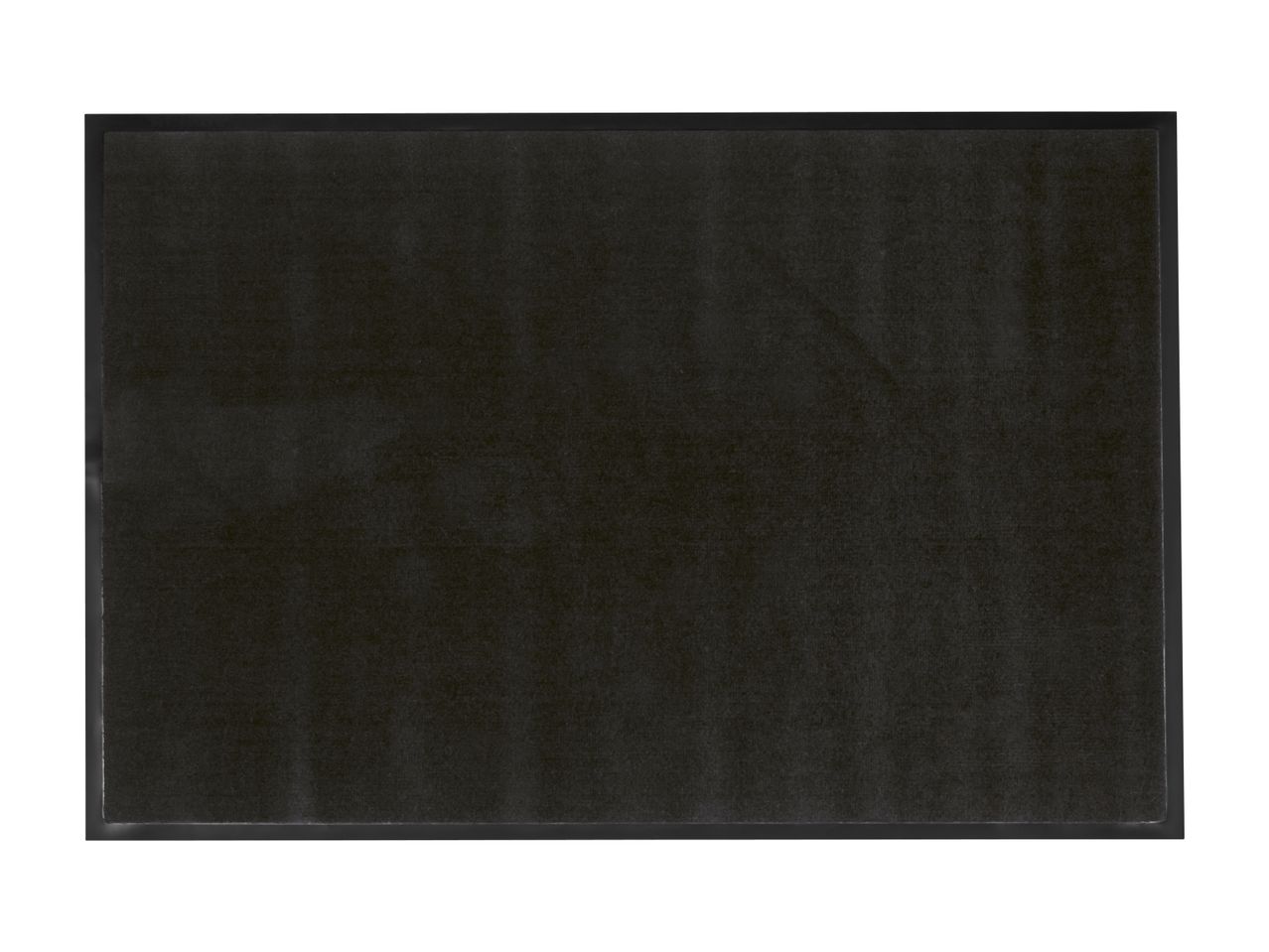 Black rectangular doormat with a textured surface and a thin border.