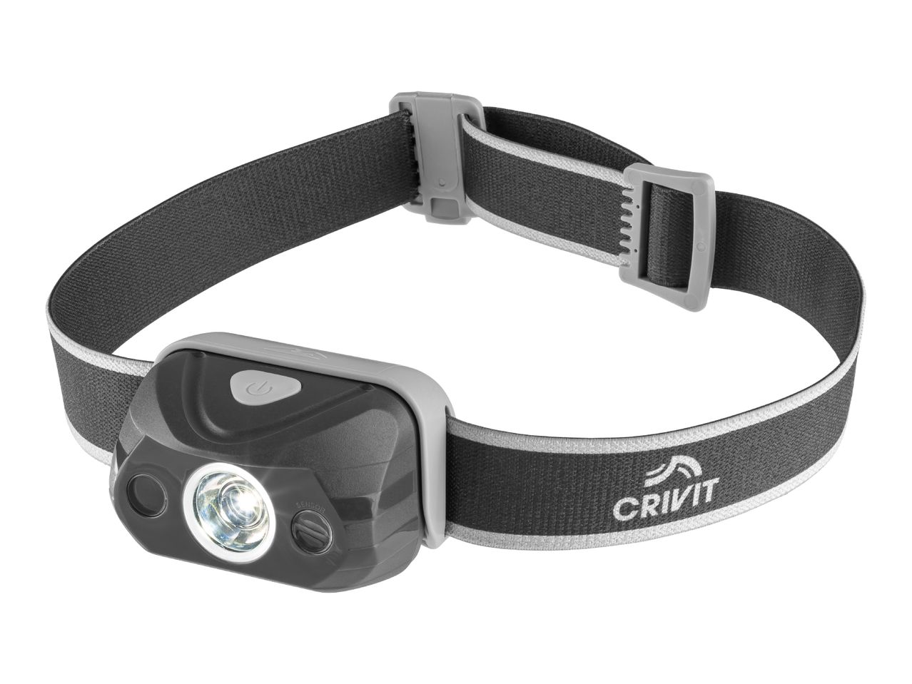 A Crivit headlamp with a black and gray adjustable strap.