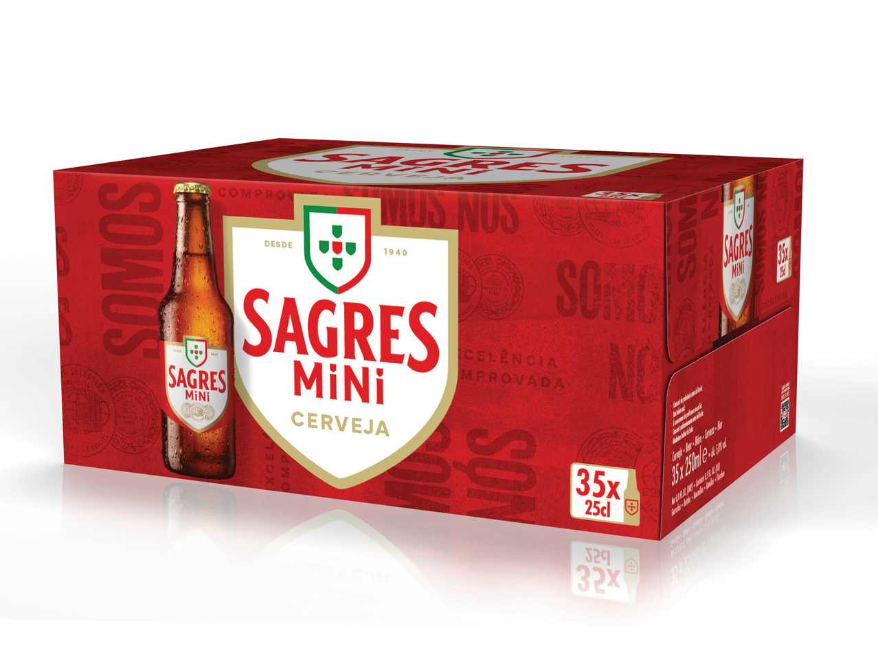 Caixa de 35 unidades de Sagres Mini, com design vermelho e detalhes dourados, mostrando a logo da marca.