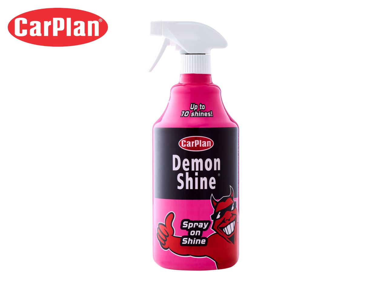 Pink spray bottle of car shine product with a devil character and text 