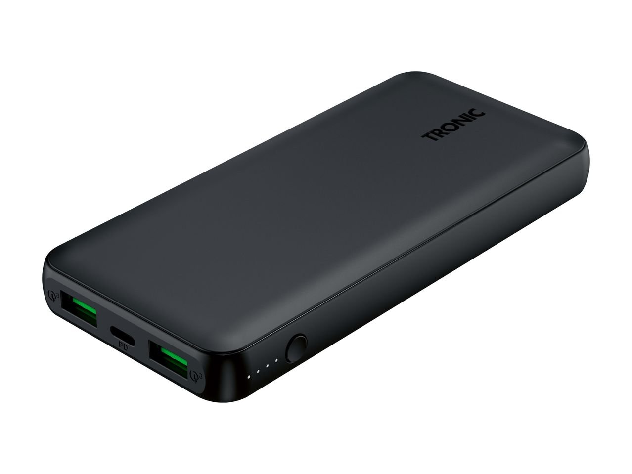 Black power bank with multiple charging ports and a power button, angled view.