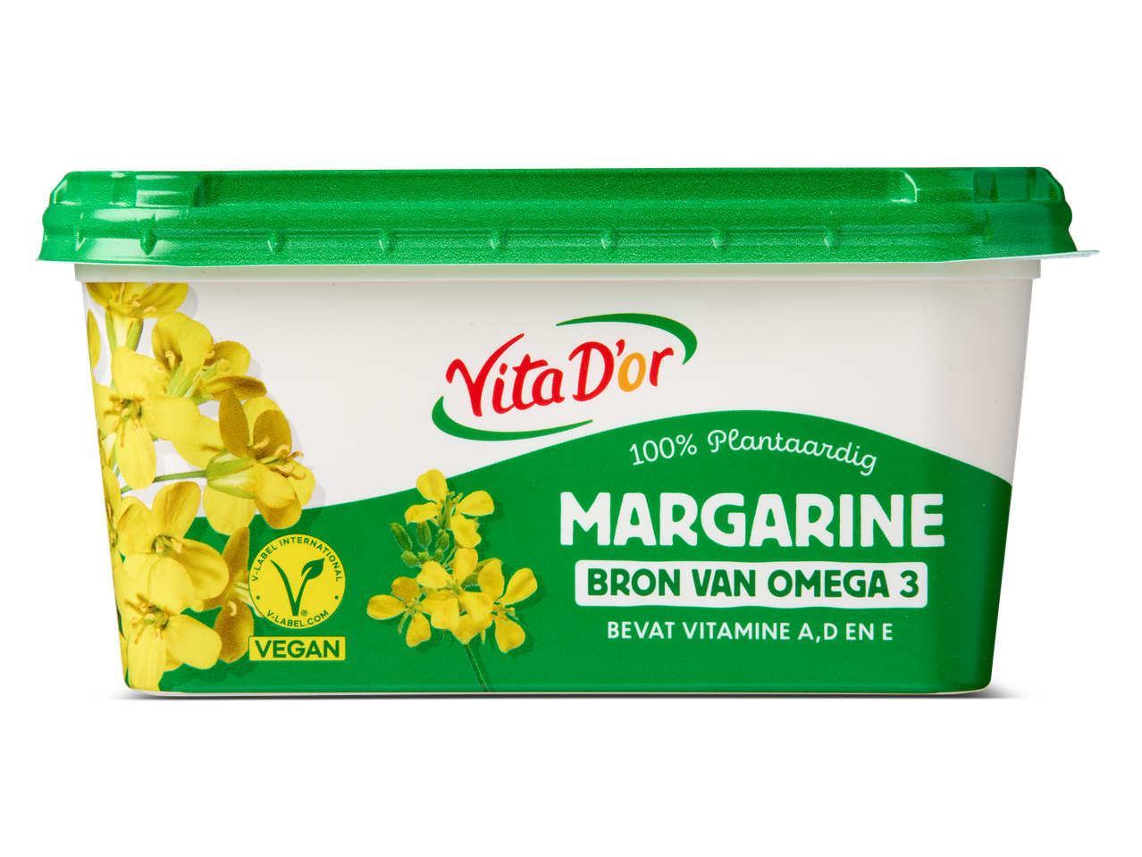 Kuipje plantaardige margarine met gele bloemen, bron van omega 3, bevat vitamine A, D en E.