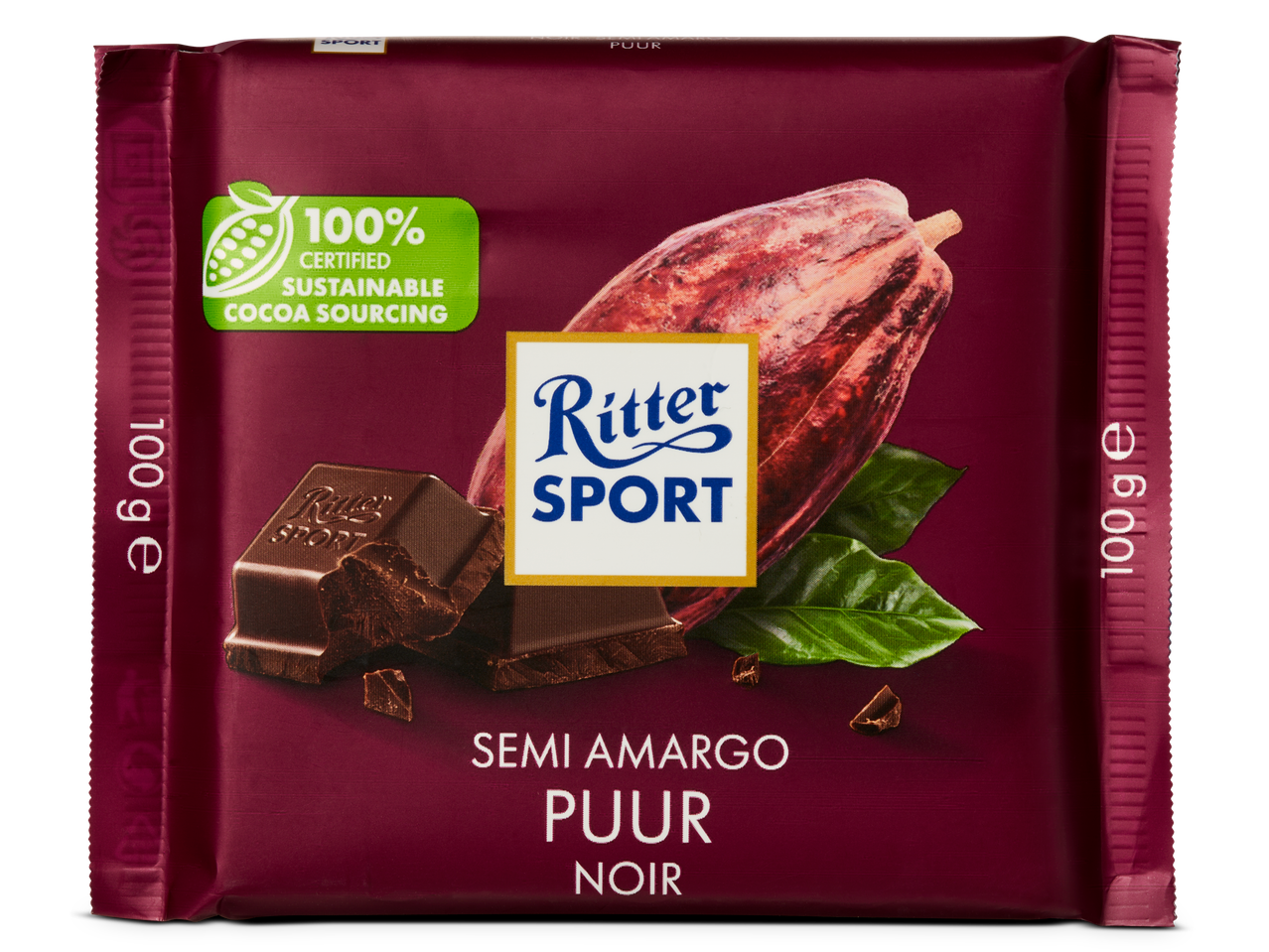Ritter Sport pure chocolade, 100g, duurzame cacao.