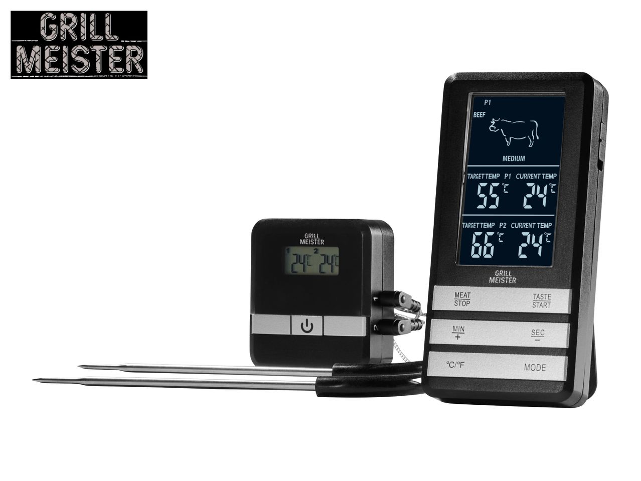 Digital meat thermometer with two probes, displaying target and current temperatures for beef.