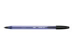 Blue ballpoint pen with a black cap and soft grip, featuring clear barrel.