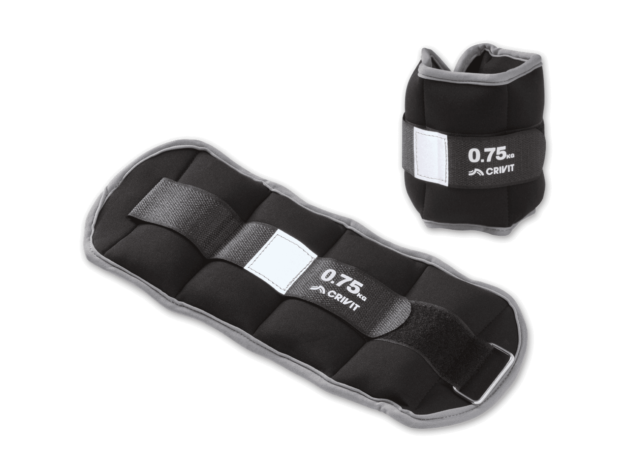 Zwei schwarze CRIVIT Gewichtsmanschetten (0,75 kg) mit grauer Umrandung und Klettverschluss