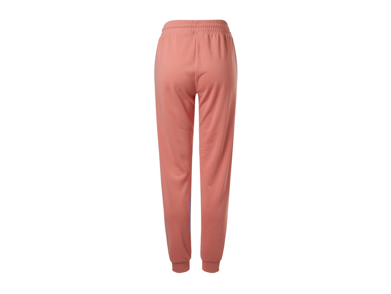 Rear view of peach-colored sweatpants with a blue stripe down the side.