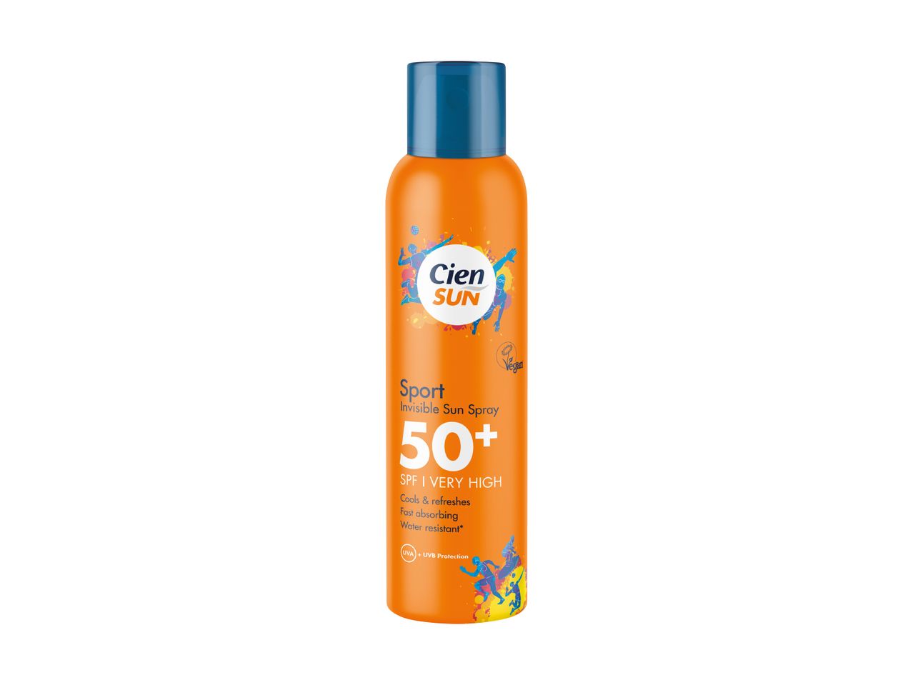 Orange sport invisible sun spray with SPF 50+ for very high protection.