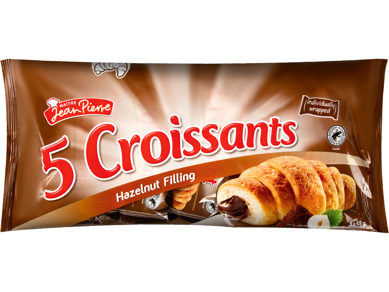 Maitre Jean Pierre 5 Croissante cu umplutură de alune de pădure, ambalate individual.
