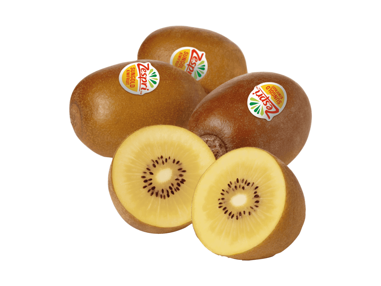 Zespri SunGold Kiwis, goldgelb und saftig, liegen auf schwarzem Hintergrund.