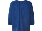 Blusa azul ESMARA com bordado paisley, mangas 3/4 e decote elástico.