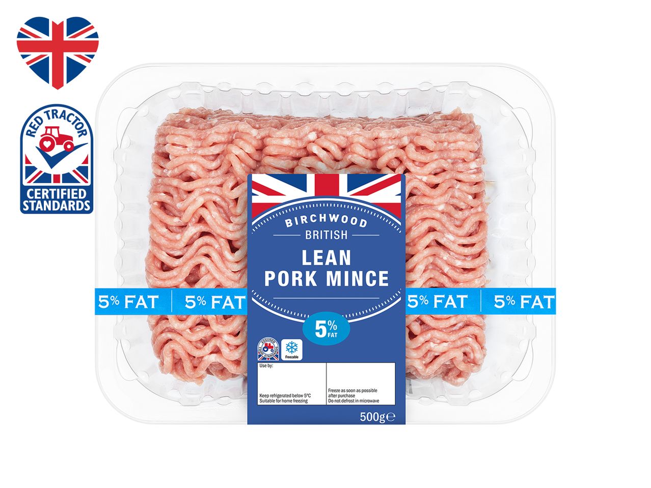 Birchwood British lean pork mince, 5% fat, Red Tractor certified.