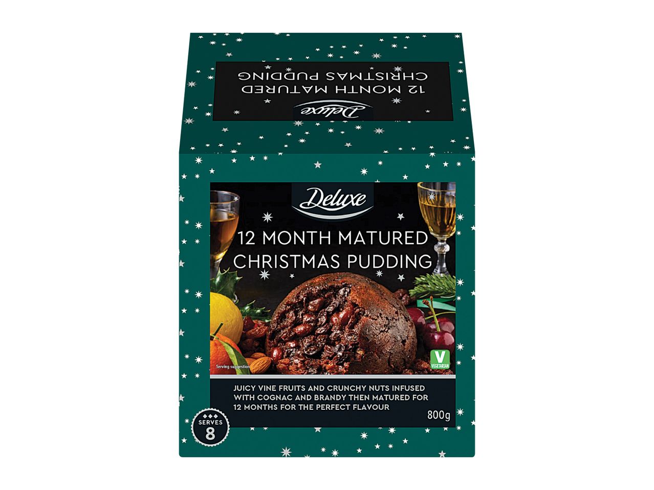A box of Deluxe 12 Month Matured Christmas Pudding with fruit and nuts.