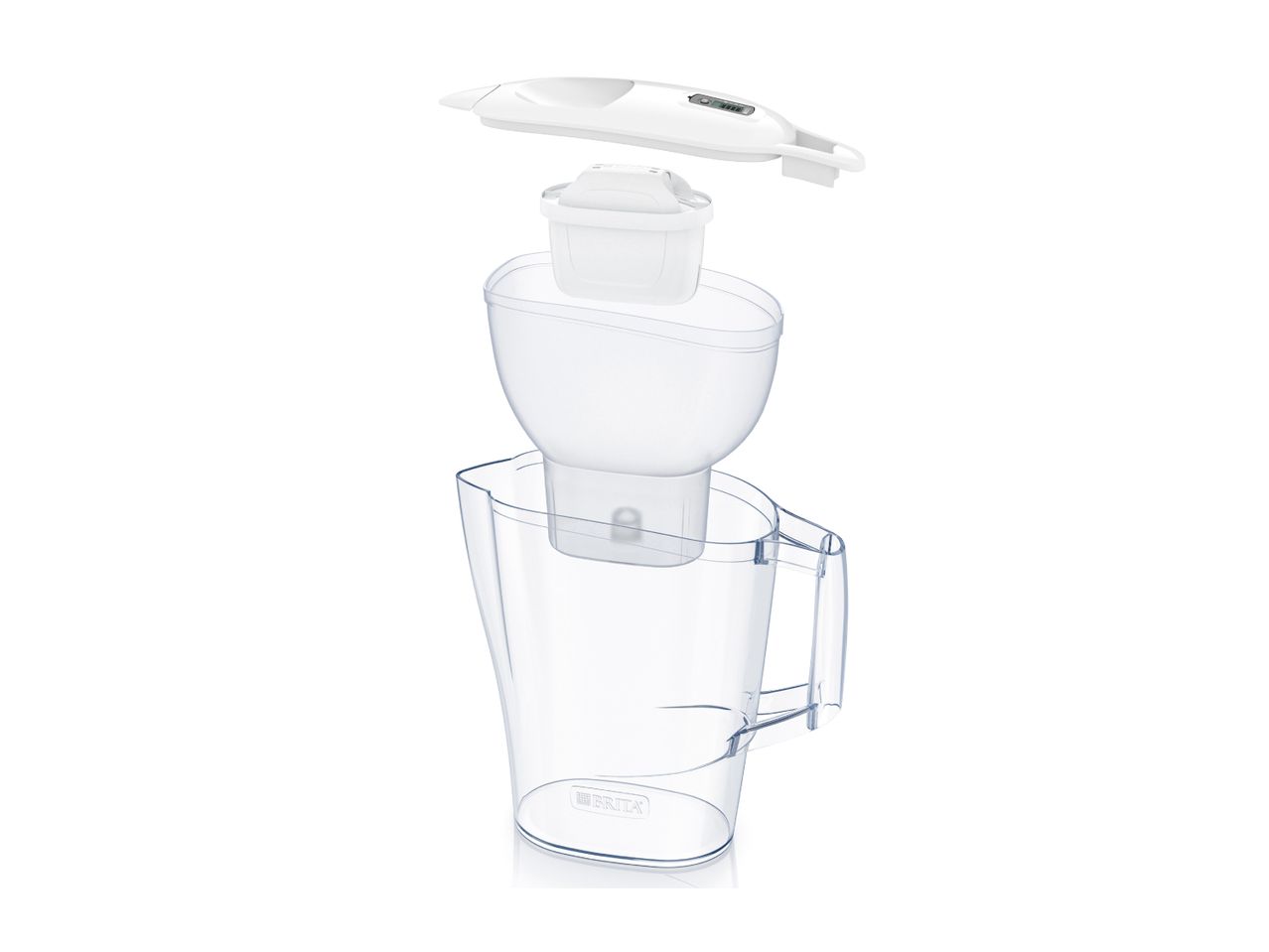Exploded view of a transparent water filter jug with a white lid and filter cartridge.