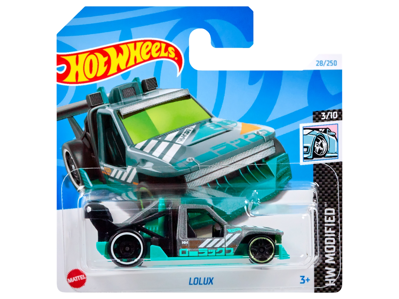 Hot Wheels Lolux HW Modified, žaislinis automobilis jo pakuotėje.