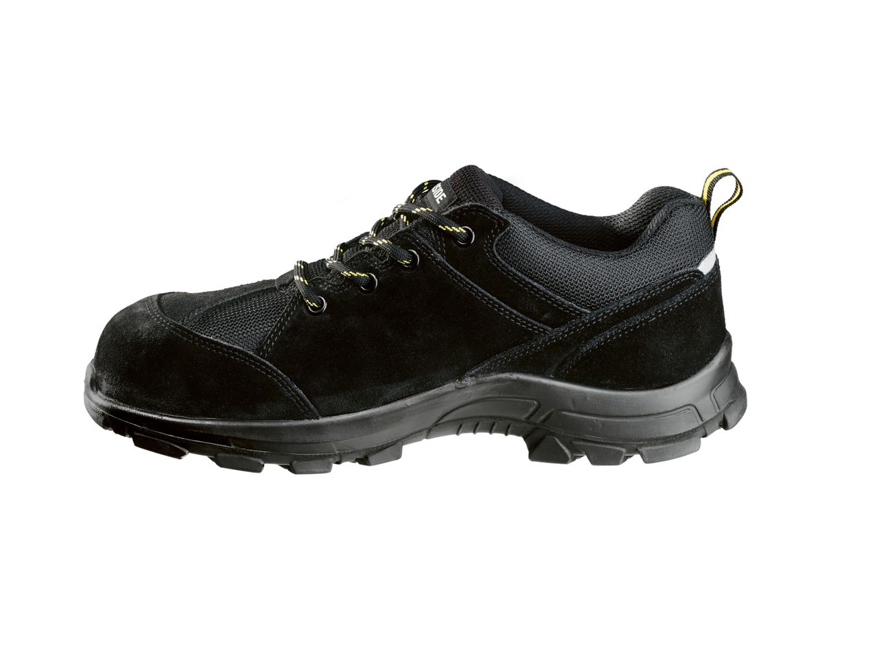Black safety shoes with a rugged sole.