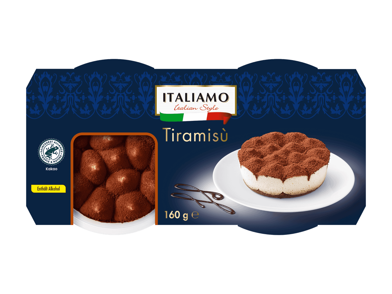Italiamo Tiramisu mit Kakaopulver und Schokoladensoße, 160g