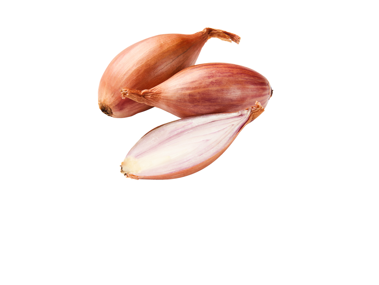 Three shallots, one cut in half, on a white background.