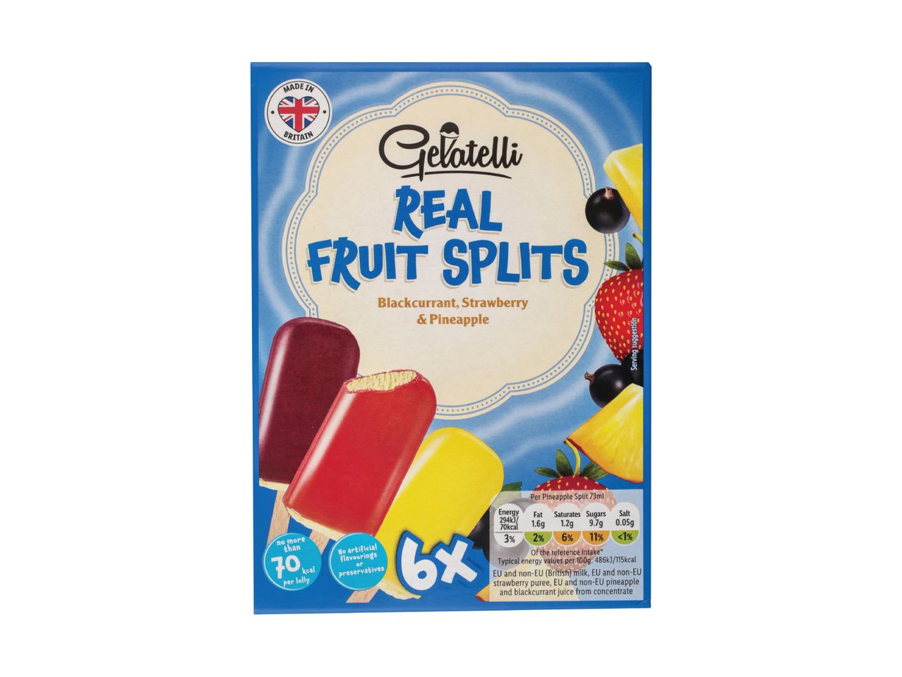 A box of six Cadbury Real Fruit Splits ice lollies.