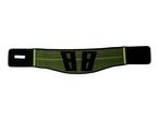 A black and lime green back support belt with two black rectangular pads.