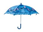 Blue children's umbrella with Stitch character and tropical leaf pattern.