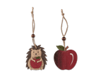 Zwei hölzerne Ornamente: ein Igel mit Apfel und ein roter Apfel.