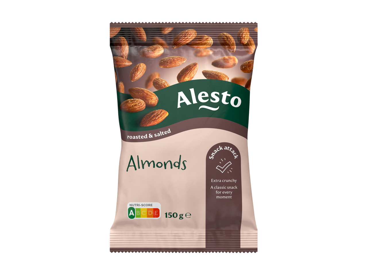 Alesto geroosterde en gezouten amandelen, 150g verpakking, Nutri-Score A.