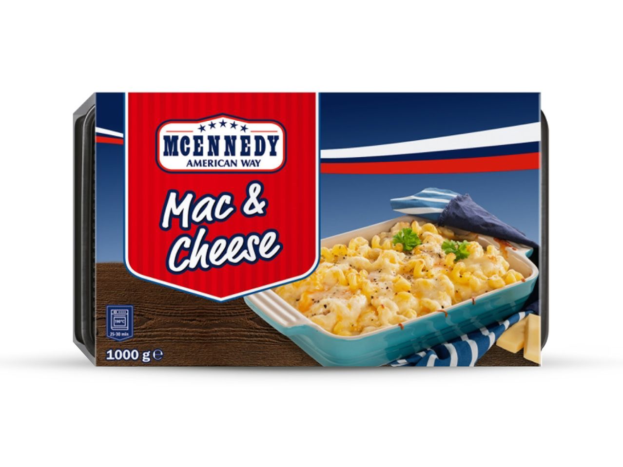 McKennedy Mac & Cheese, pakiranje od 1000 g, s prikazom gotovog jela u plavoj posudi.
