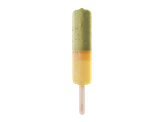 Gelado premium Gelatelli no palito com três sabores: verde, laranja e amarelo.