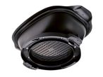 Black air fryer basket with a perforated bottom, viewed from below.