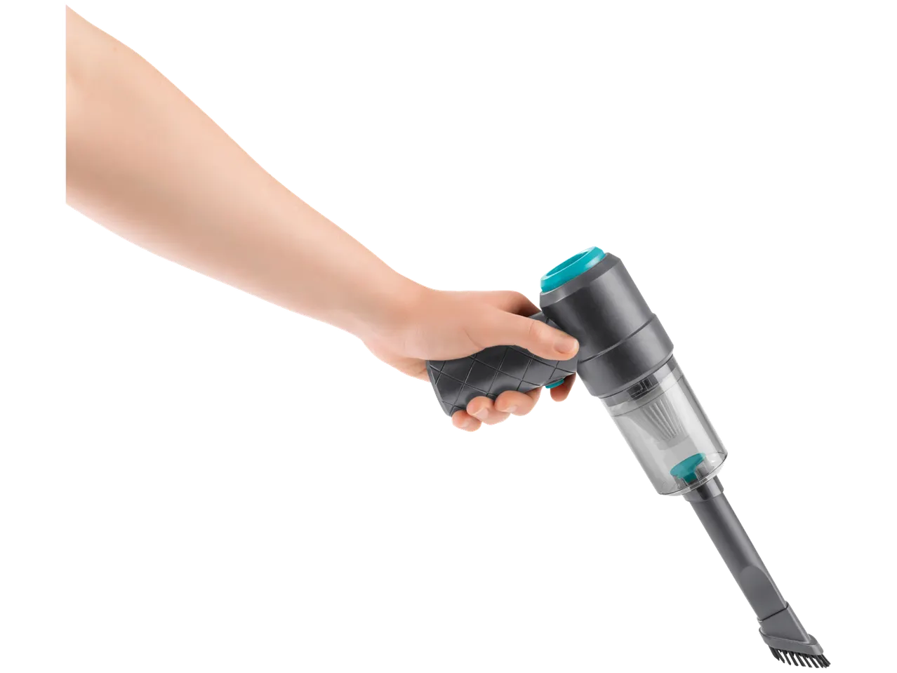 Mão segura o limpador de superfícies BISSELL 3-em-1 com bico de escova.