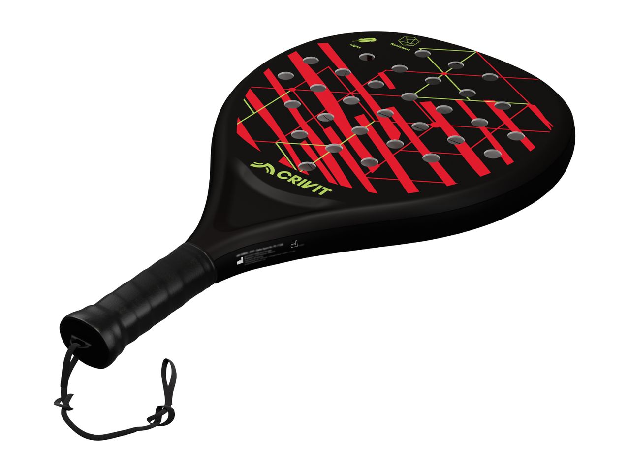 Black padel racket with red and green geometric patterns, featuring a wrist strap.