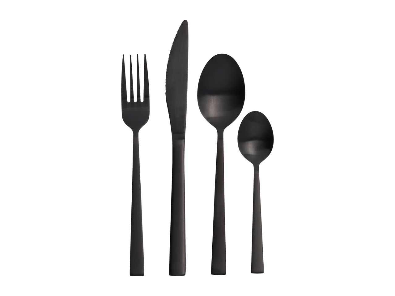 Black cutlery set including a fork, knife, and two spoons of different sizes.