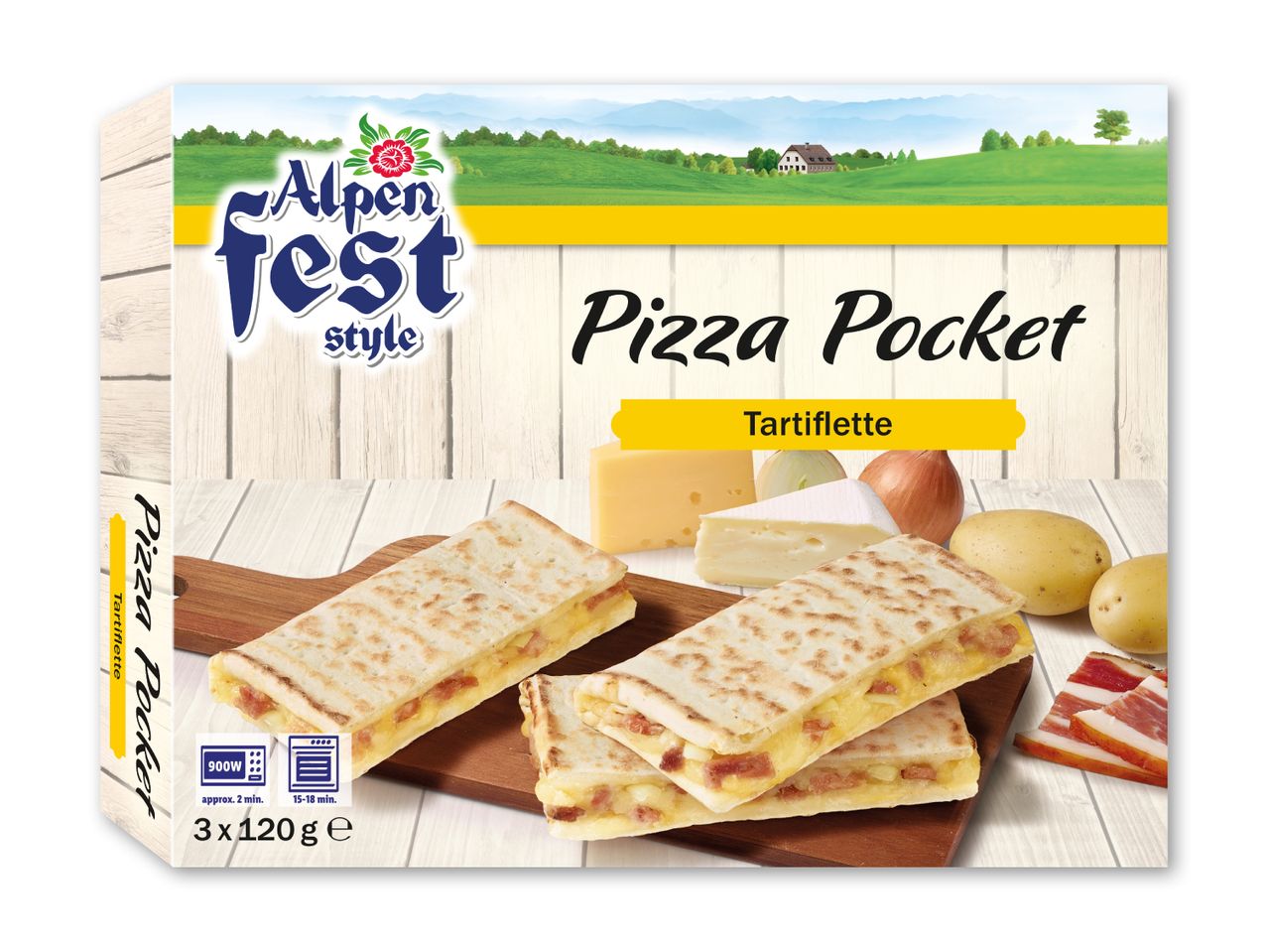 Pizza Pocket Tartiflette-pakke med tilberedningsinstruktioner og ingredienser.