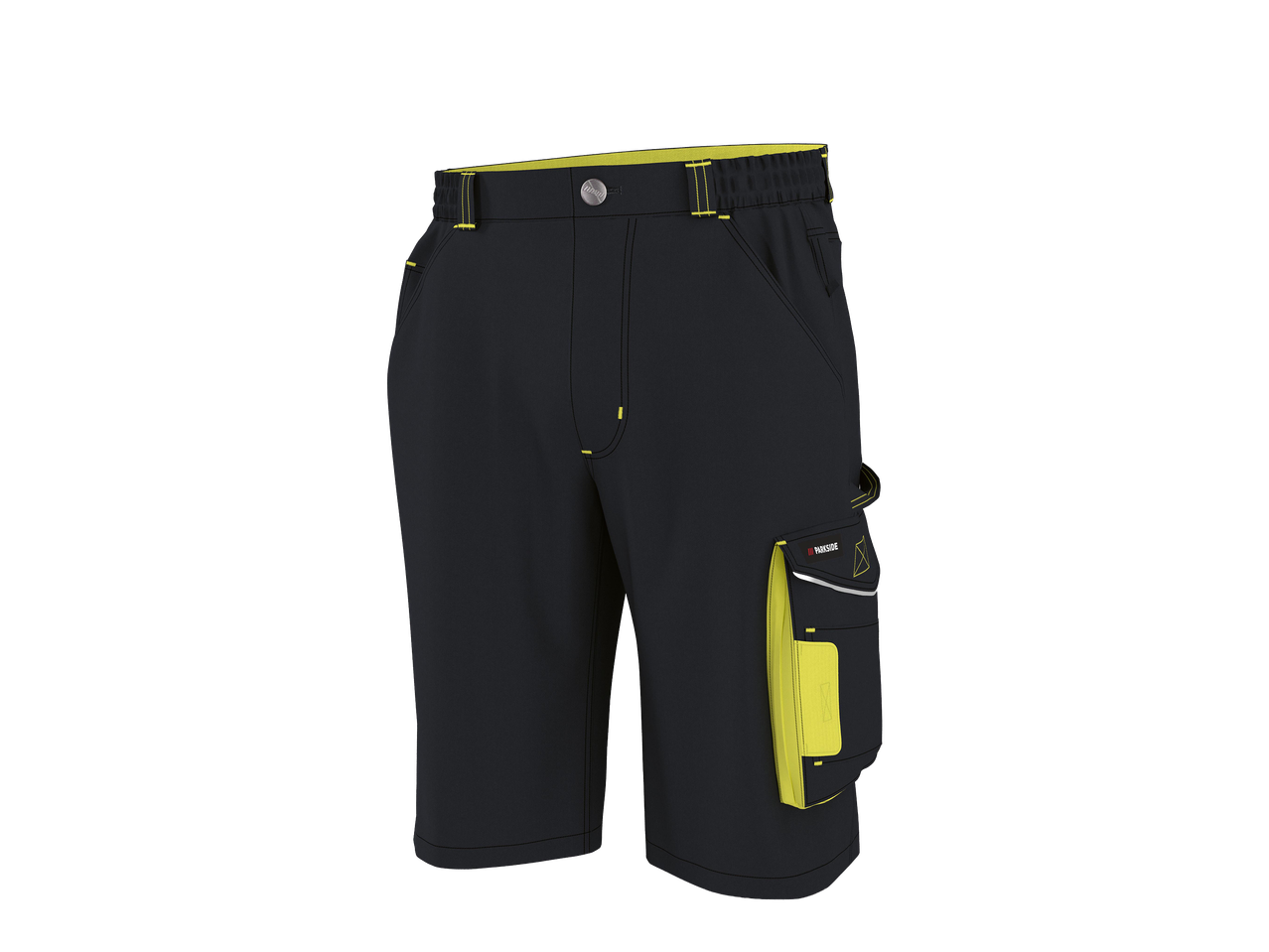 Fekete rövidnadrág sárga részletekkel és oldalsó zsebekkel