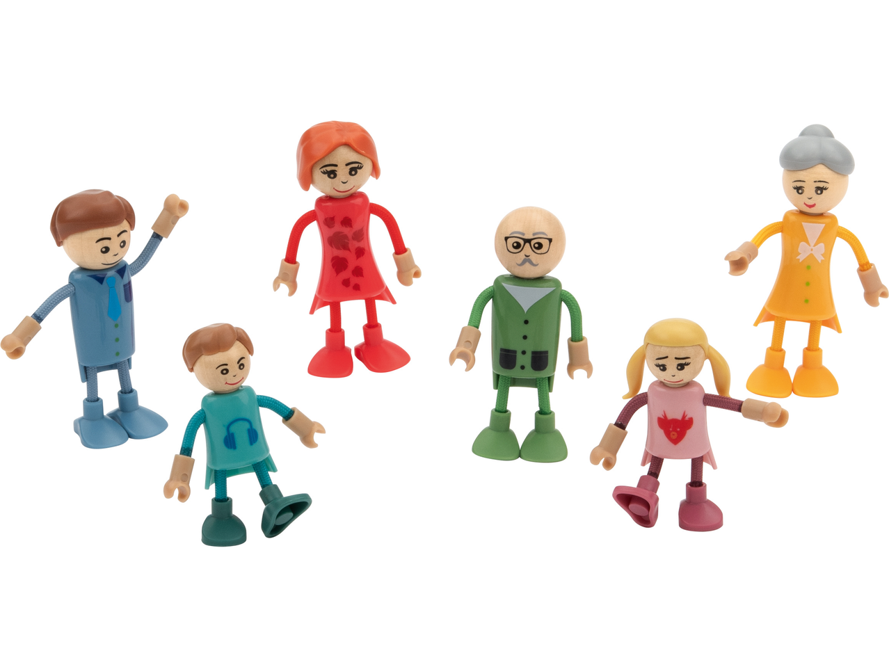 Lupilu wooden doll assortment featuring a family of six figures in various outfits.