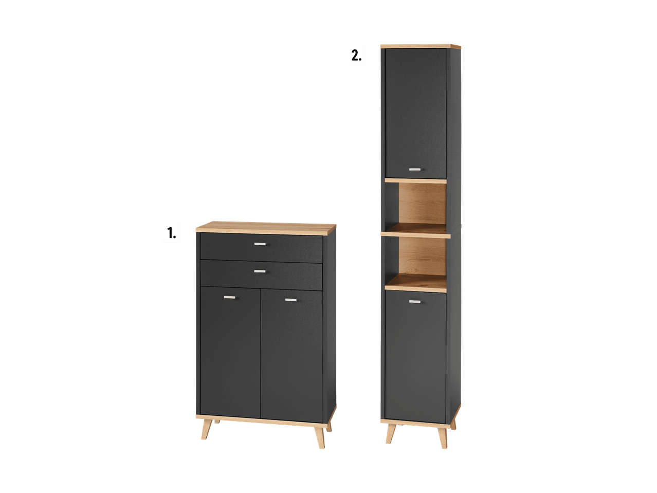 Deux armoires de rangement modernes avec façades gris foncé et accents en bois clair.