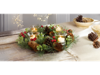 LIVARNO home Christmas Wreath with pinecones, red berries, and four lit candles on a wooden table.